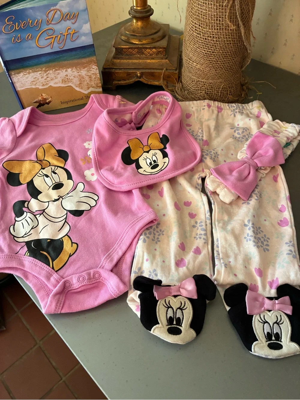Disney NEW WITH TAGS Baby Minnie Mouse bodysuit, matching footed pants, headband